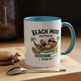 Beach Mode Sloth Coffee Mug, Funny Summer Vacation Gift for Sloth Lovers, Cute Tropical Hammock Ceramic Tea Cup with Blue Handle