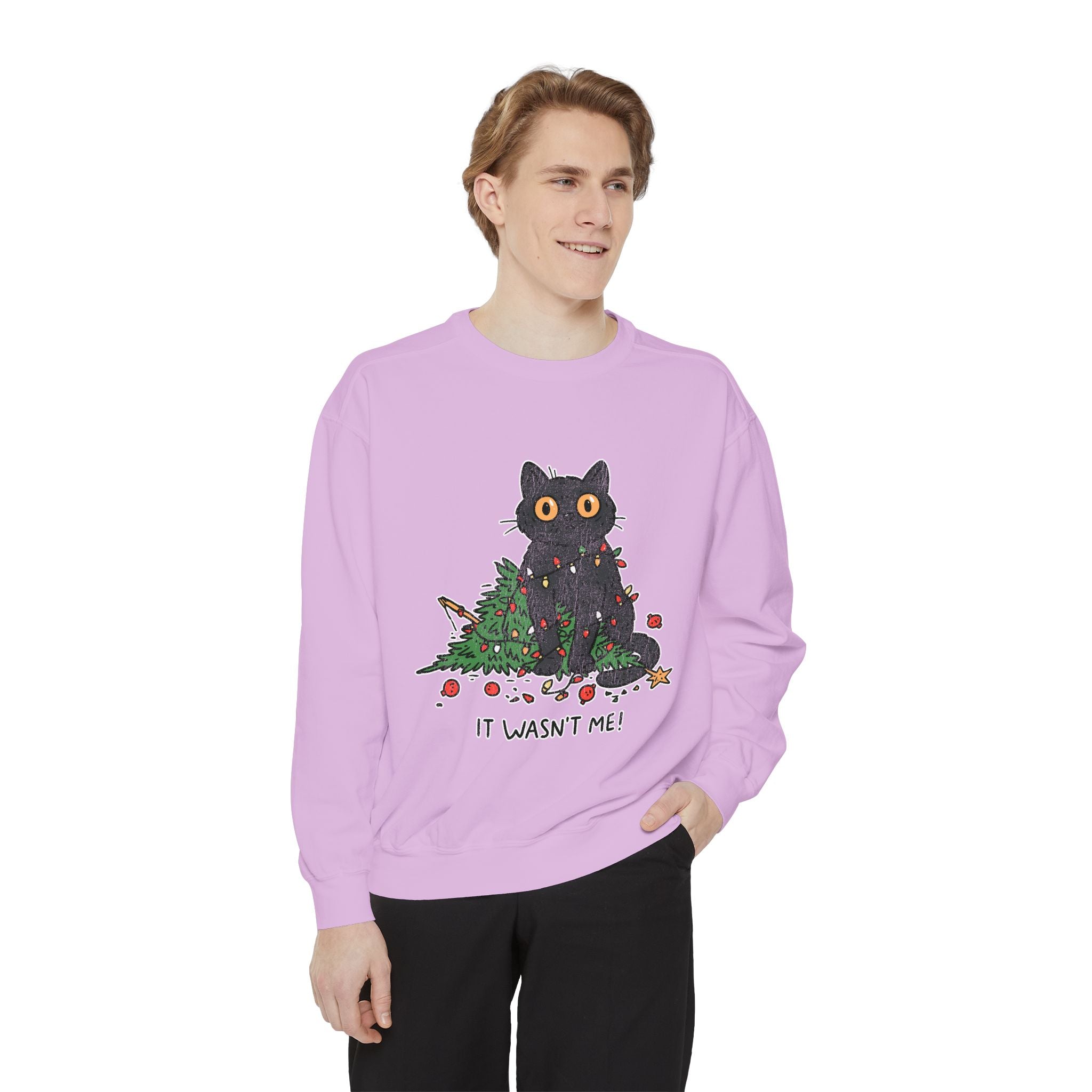 It Wasn't Me Black Cat Christmas Sweatshirt, Funny Holiday Crewneck, Mischievous Kitty Lights Pullover, Gift for Cat Mom or Cat Dad