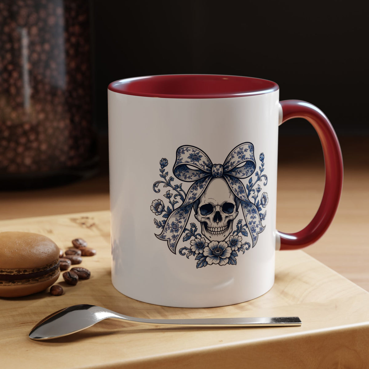 Blue Floral Skull Mug, Gothic Coquette Bow Coffee Cup, Alternative Halloween Gift for Her, Dark Academia Kitchen Decor, Spooky Present