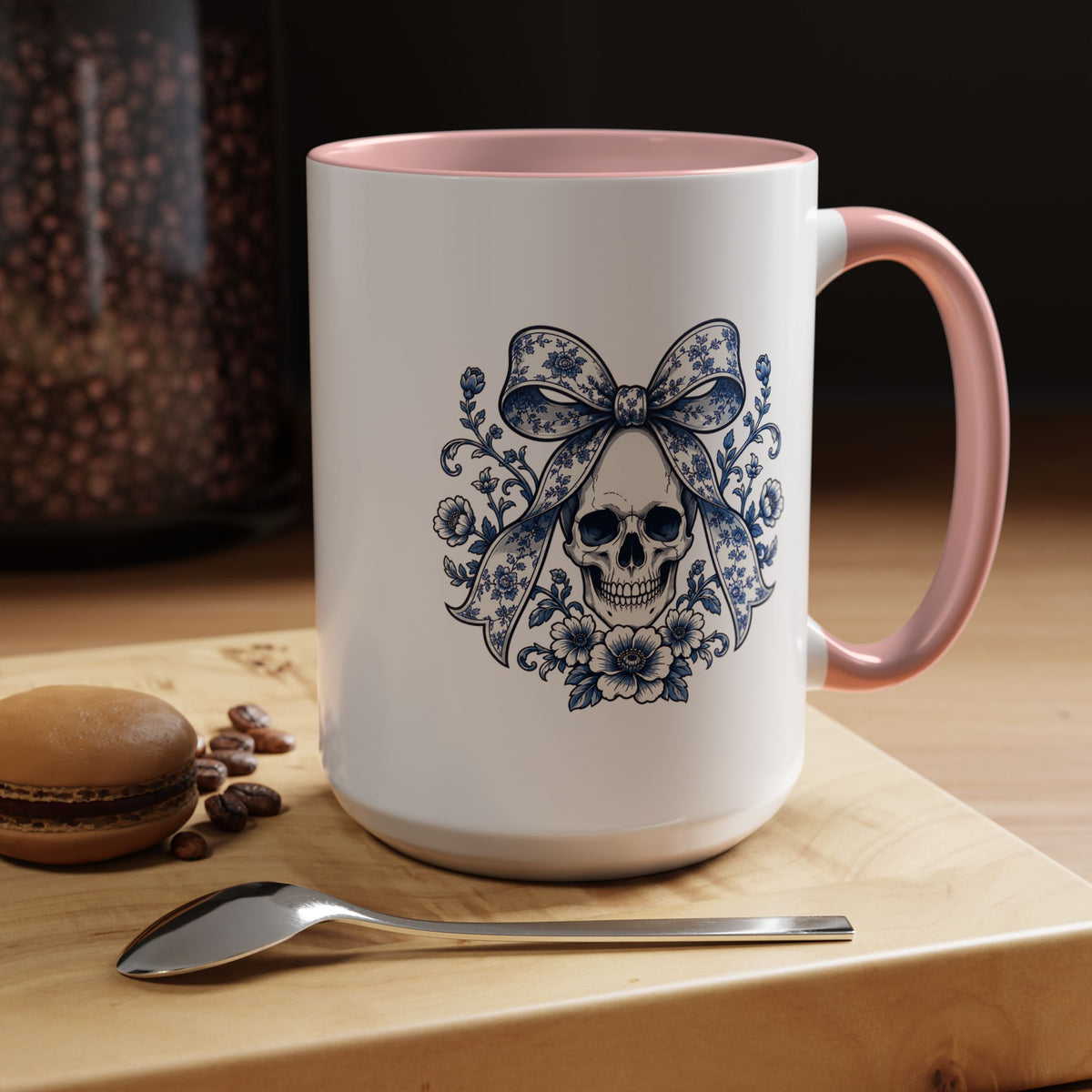 Blue Floral Skull Mug, Gothic Coquette Bow Coffee Cup, Alternative Halloween Gift for Her, Dark Academia Kitchen Decor, Spooky Present