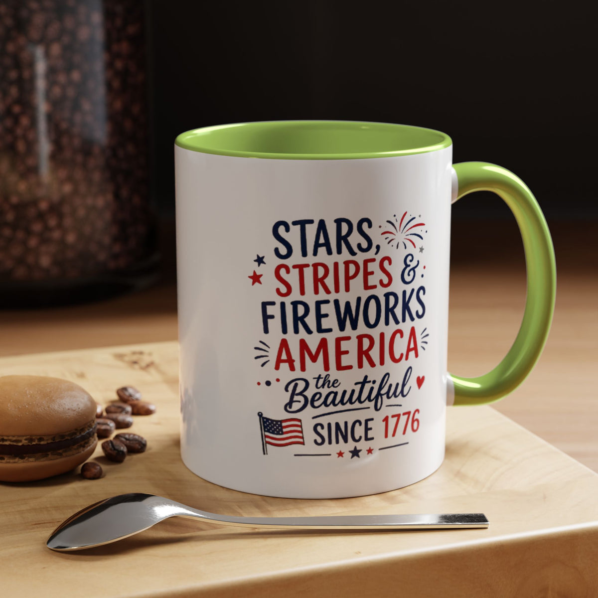 Stars and Stripes Coffee Mug, 4th of July Fireworks Gift for Hostess, America the Beautiful Since 1776 Patriotic Ceramic Tea Cup