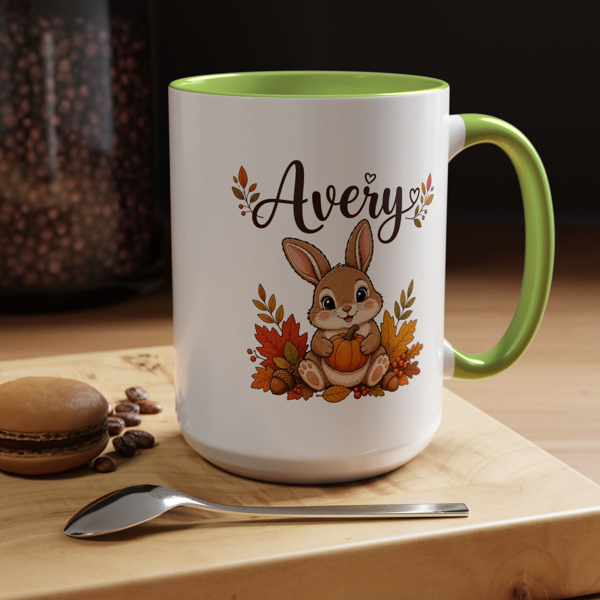 Personalized Bunny Mug with Name, Autumn Rabbit Coffee Cup, Cute Fall Woodland Gift for Daughter, Easter Basket or Birthday Keepsake