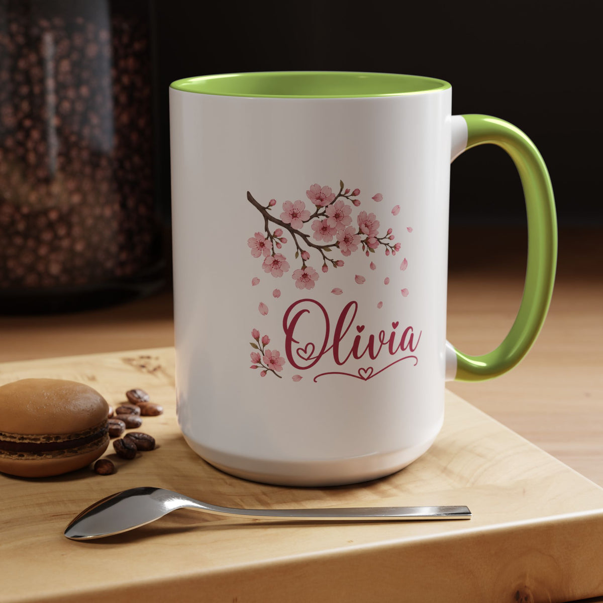 Personalized Name Mug, Pink Cherry Blossom Black Accent Coffee Cup, Custom Name Gift for Her, Girl, Daughter, Birthday or Nursery Keepsake