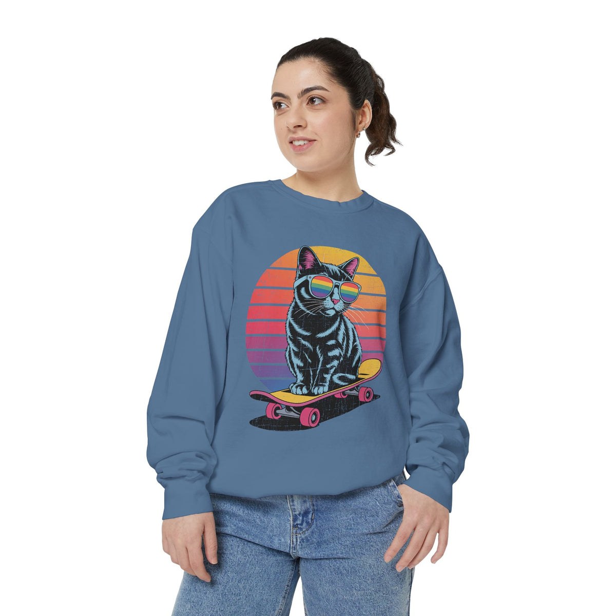 Retro Skateboard Cat Sweatshirt, Rainbow Sunglasses Kitty Crewneck, Funny Cat Lover Gift, Vintage Skater Graphic Cozy Pullover Top