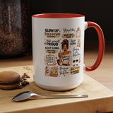 Glow Up Affirmations Coffee Mug, Girl Boss Self Care Gift for Her, Cute Messy Bun Aesthetic Motivational Ceramic Tea Cup with Pink Handle