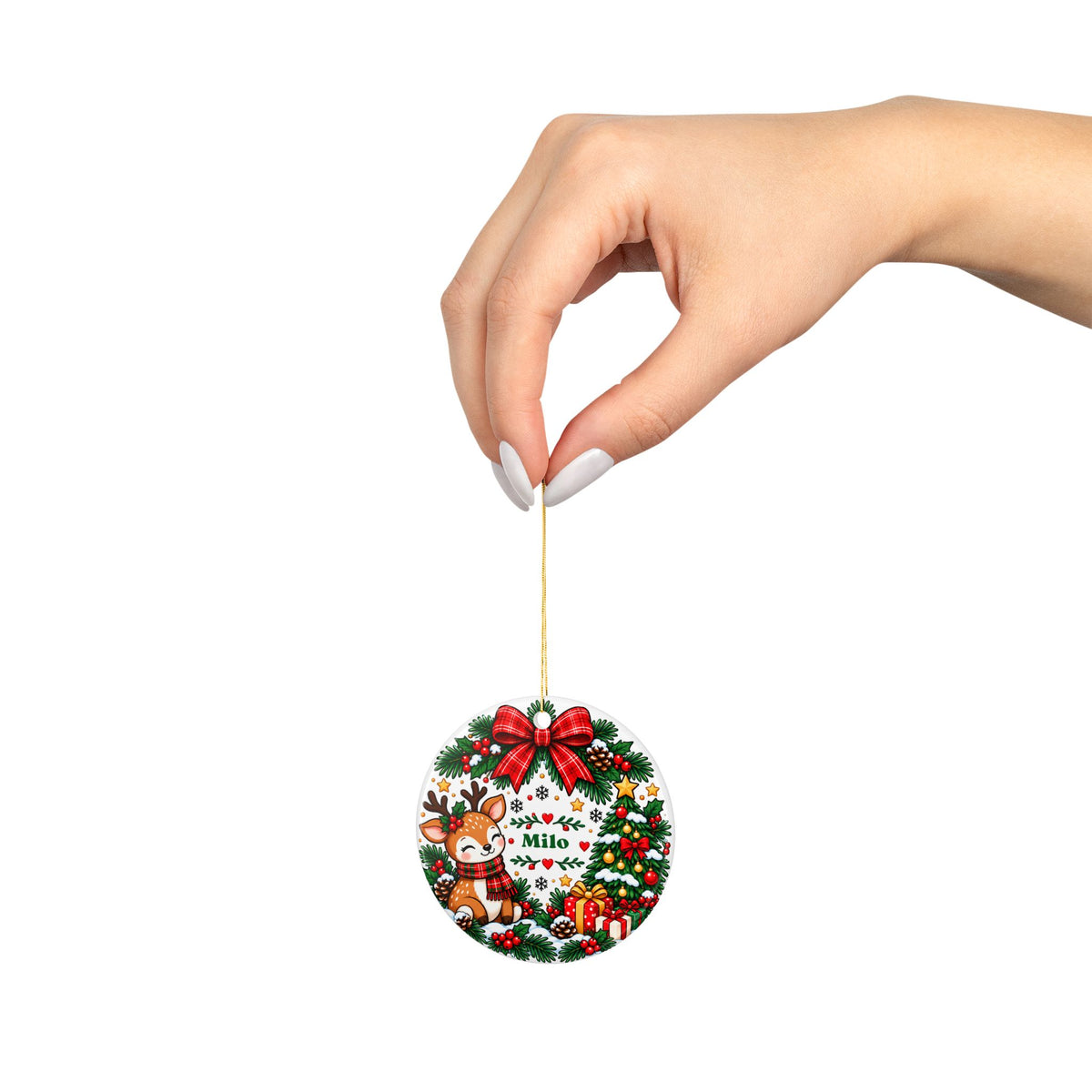 Personalized Deer Christmas Ornament, Custom Child Name in Evergreen Wreath with Red Plaid Bow, Woodland Holiday Keepsake Gift for Kids