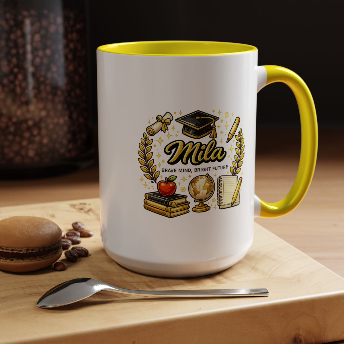 Personalized Graduation Mug for Her, Brave Mind Bright Future Coffee Cup, Custom Name Gift for Daughter, College or High School Graduate