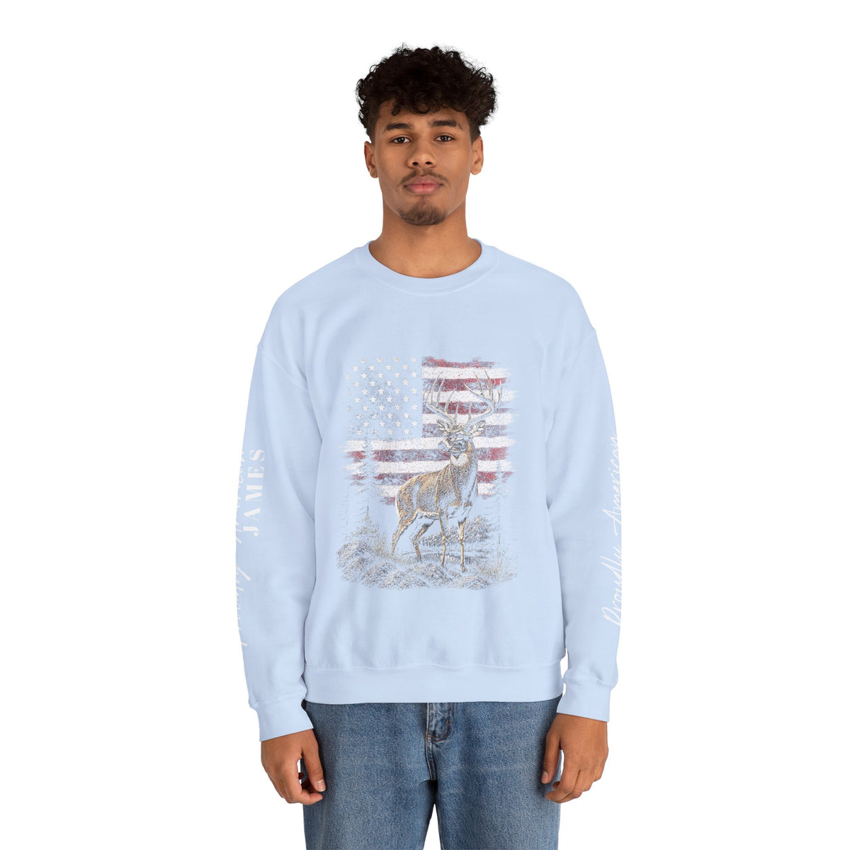 Personalized Hunting Sweatshirt, Custom Deer American Flag Pullover, Patriotic Outdoorsman Crewneck, Hunter Gift, Personalized Family Shirt