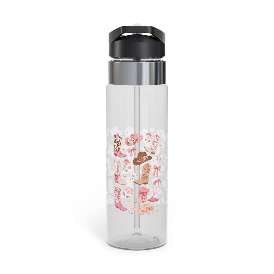 A clear water bottle with a black screw-on lid and handle, printed all over with a repeating pattern of pink and leopard-print cowgirl boots, pink cowboy hats, bows and flowers.