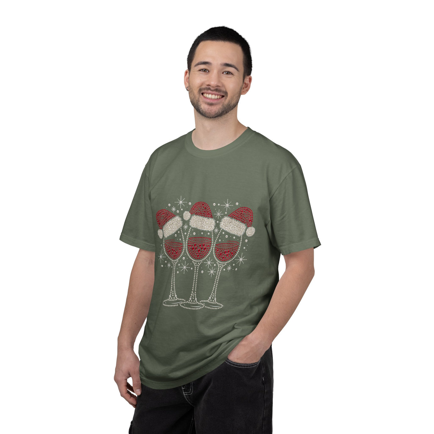 Christmas Wine Glass Shirt, Rhinestone Style Santa Hat T-Shirt, Sparkly Holiday Party Tee, Gift for Wine Lover or Girls Christmas Night