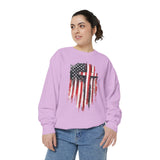 God Bless America Sweatshirt, Distressed American Flag and Cross Graphic, Patriotic Christian Gift for Church Events and Everyday Faith