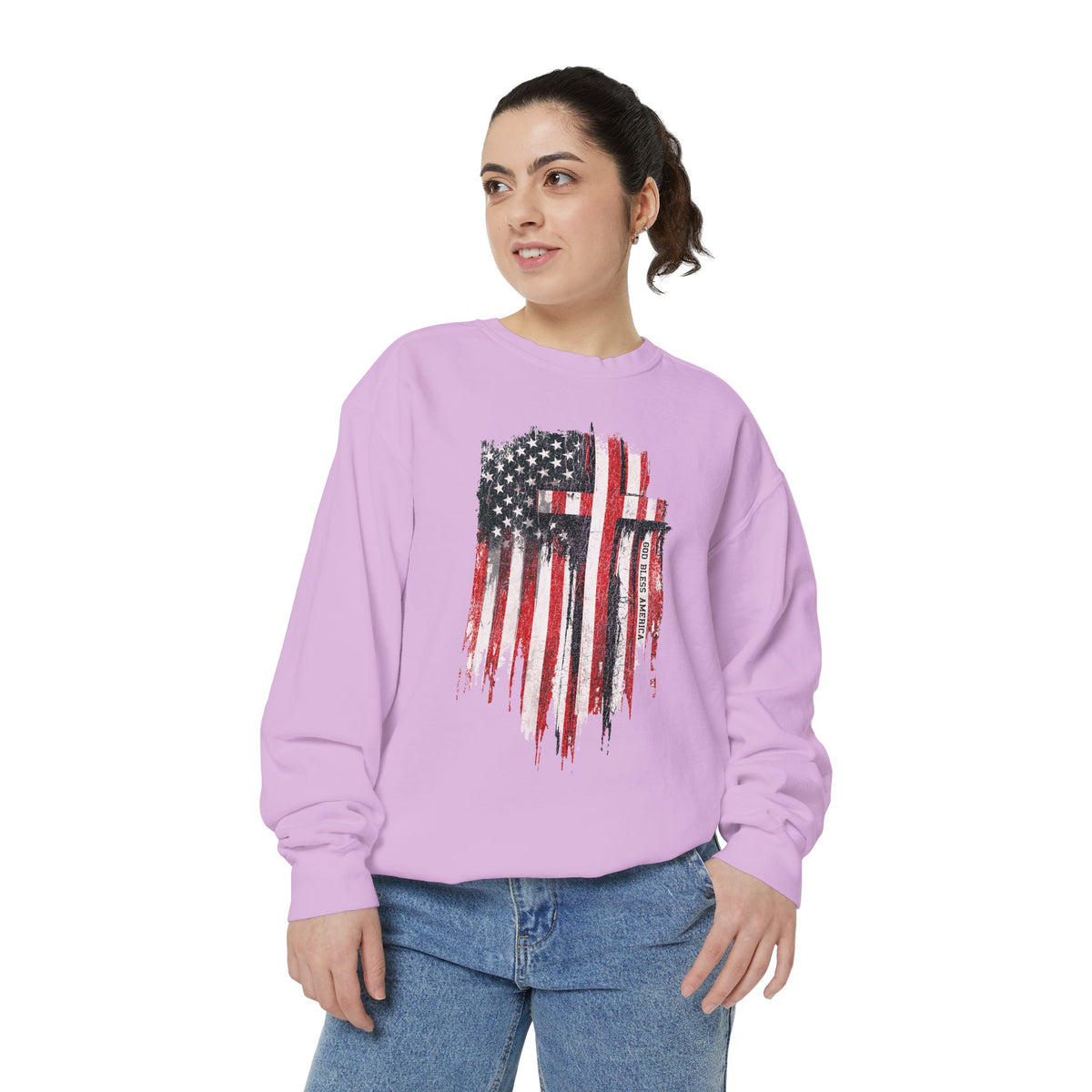 God Bless America Sweatshirt, Distressed American Flag and Cross Graphic, Patriotic Christian Gift for Church Events and Everyday Faith