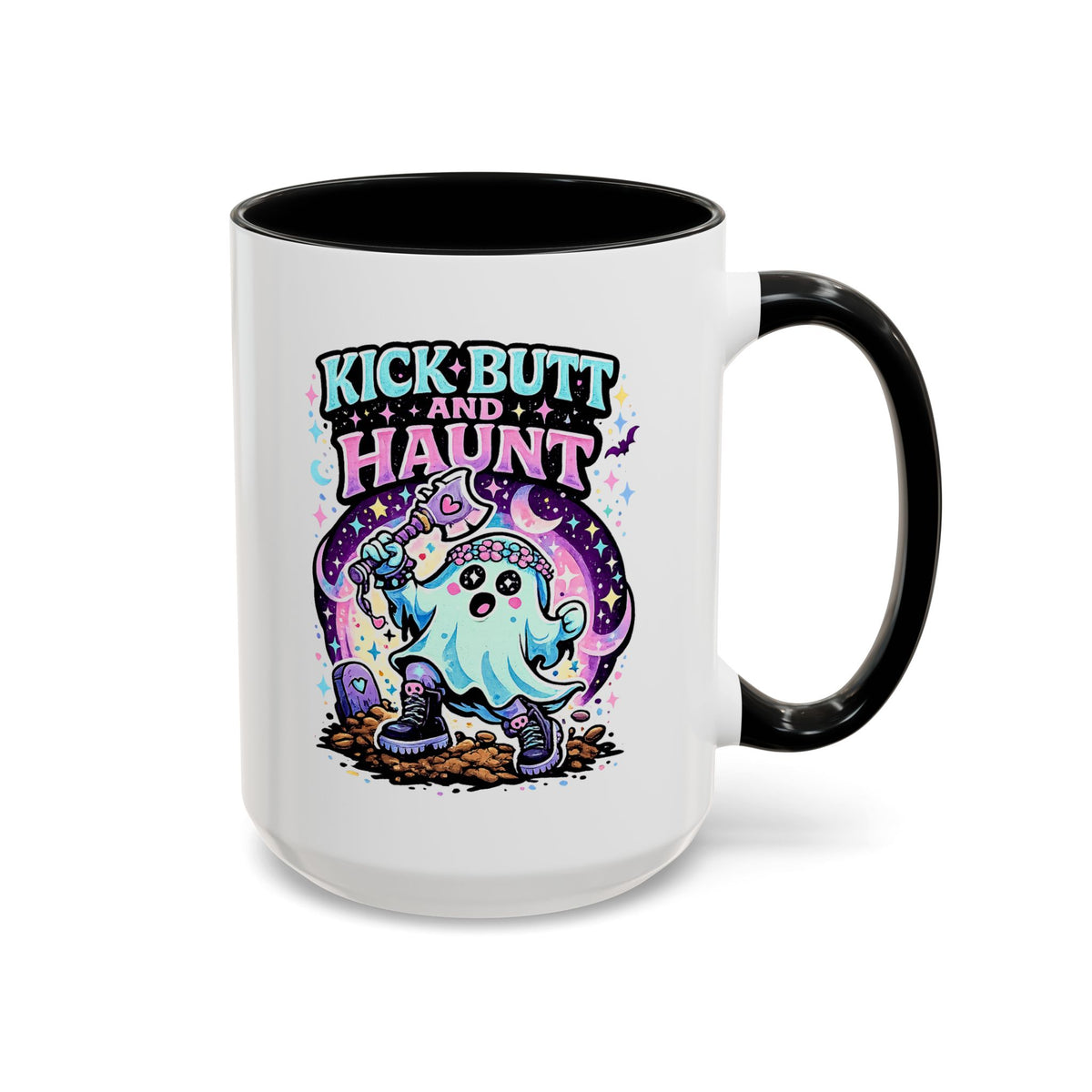 Kick Butt and Haunt Mug, Cute Pastel Ghost Black Accent Coffee Cup, Unique Funny Halloween Gift for Her, Spooky Bestie or Pastel Goth