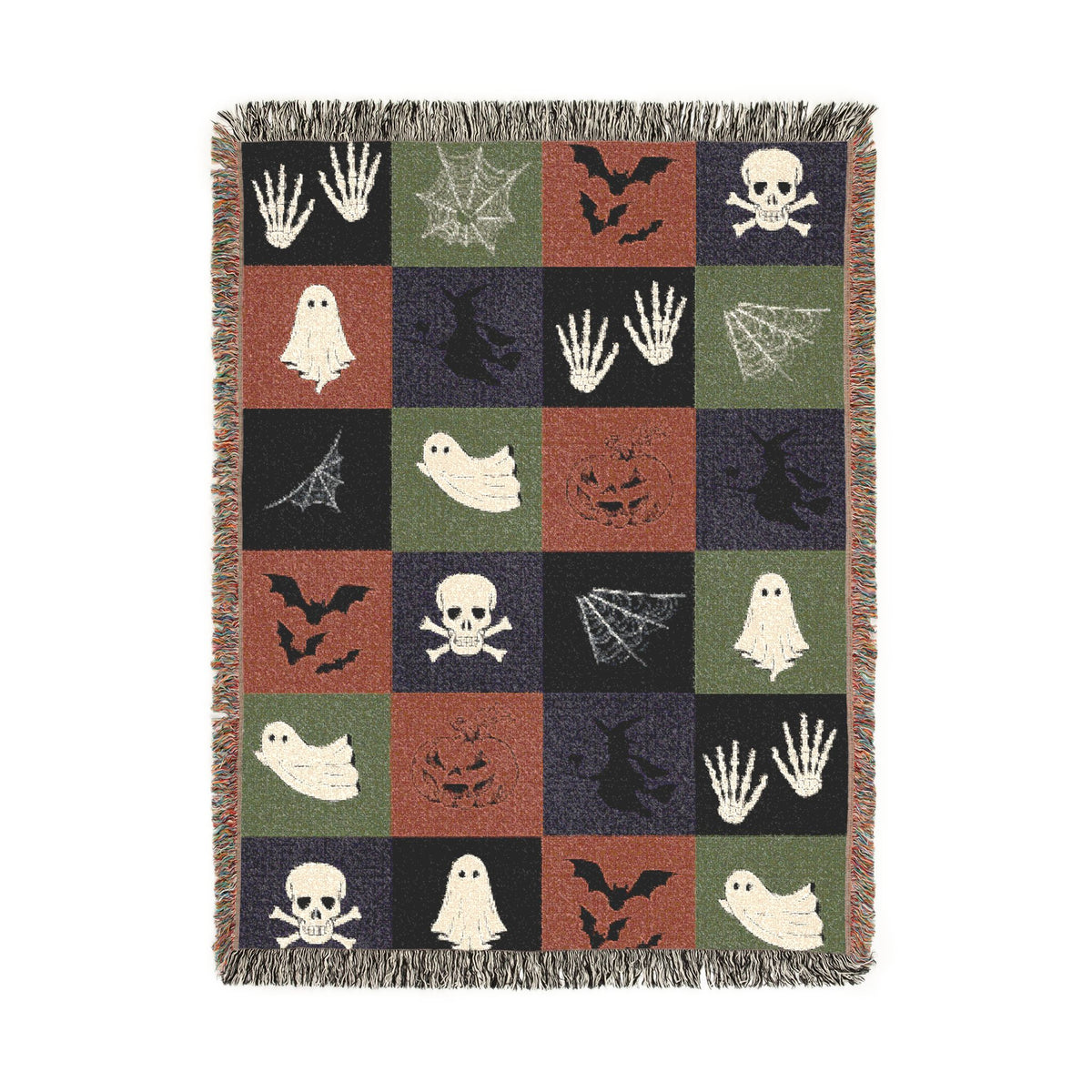 Spooky Halloween Woven Blanket, Ghost Bat Skull Checkerboard Throw, Gothic Fall Home Decor, Witch Lover Gift