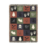 Spooky Halloween Woven Blanket, Ghost Bat Skull Checkerboard Throw, Gothic Fall Home Decor, Witch Lover Gift