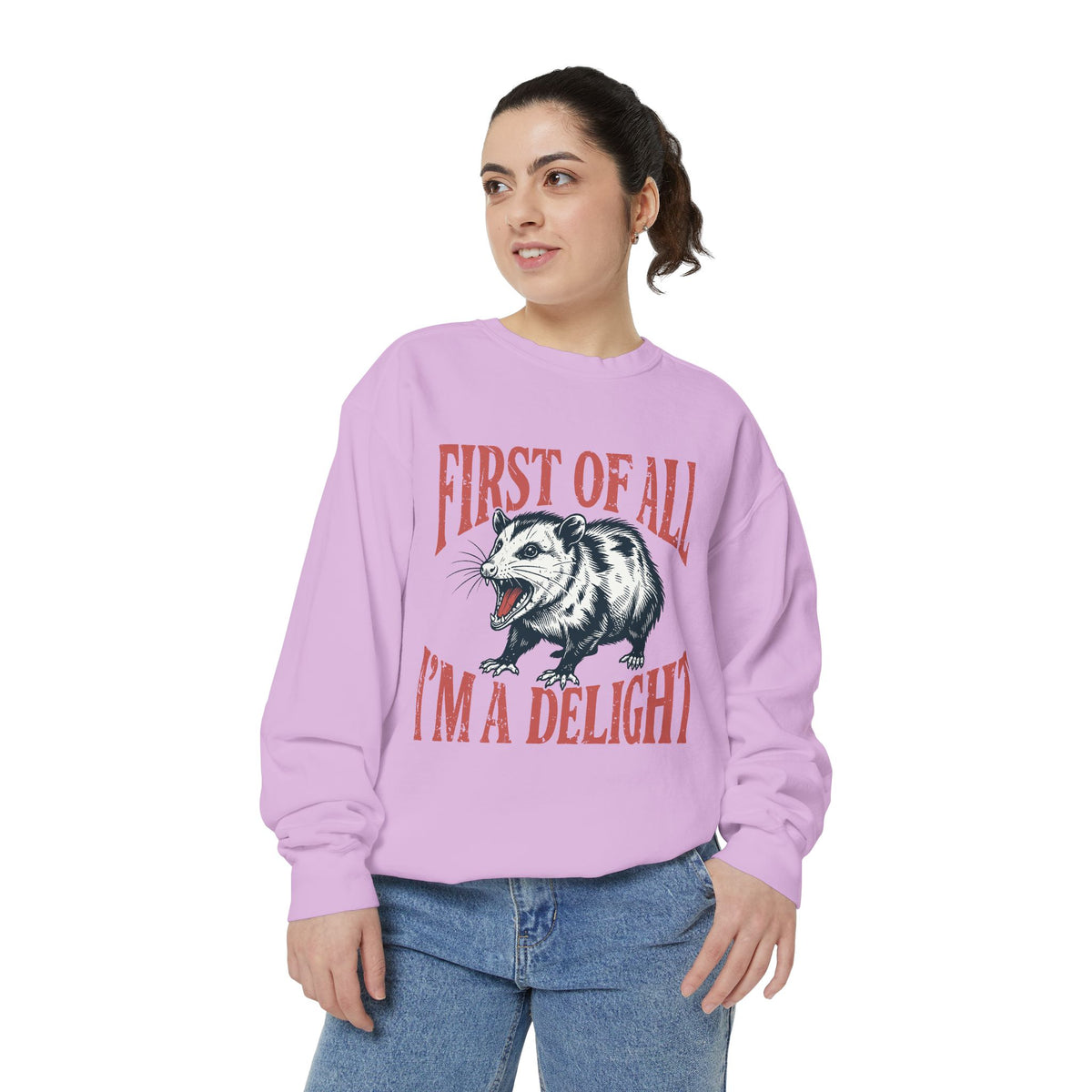 Funny Possum Sweatshirt, First of All I'm a Delight Crewneck, Sarcastic Animal Lover Gift, Vintage Opossum Graphic Cozy Pullover Top