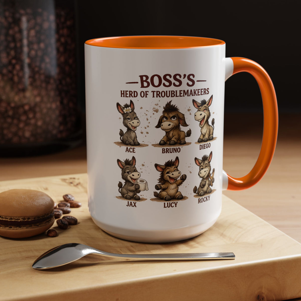 Boss's Guide to Troubleshooting Coffee Mug, Funny Office Joke Gift for Coworkers, Sarcastic Donkey Jackass Ceramic Tea Cup with Dark Blue Handle
