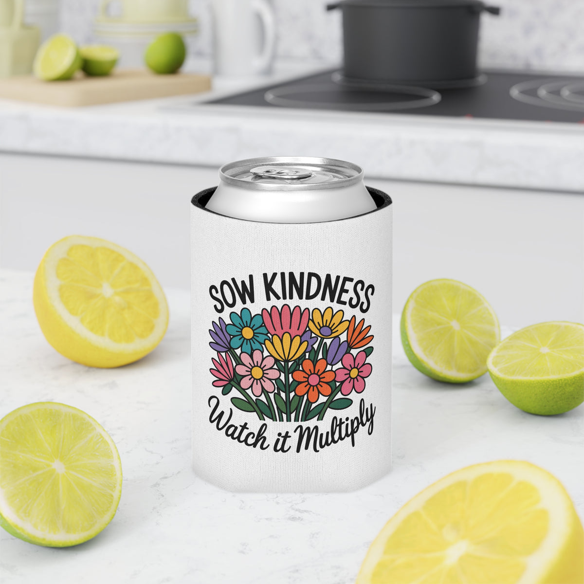 Kindness Can Cooler, Floral Beer Can Holder, Positive Quote Drink Sleeve, Flower Lover Gift, Summer Party Favor, Inspirational Gift