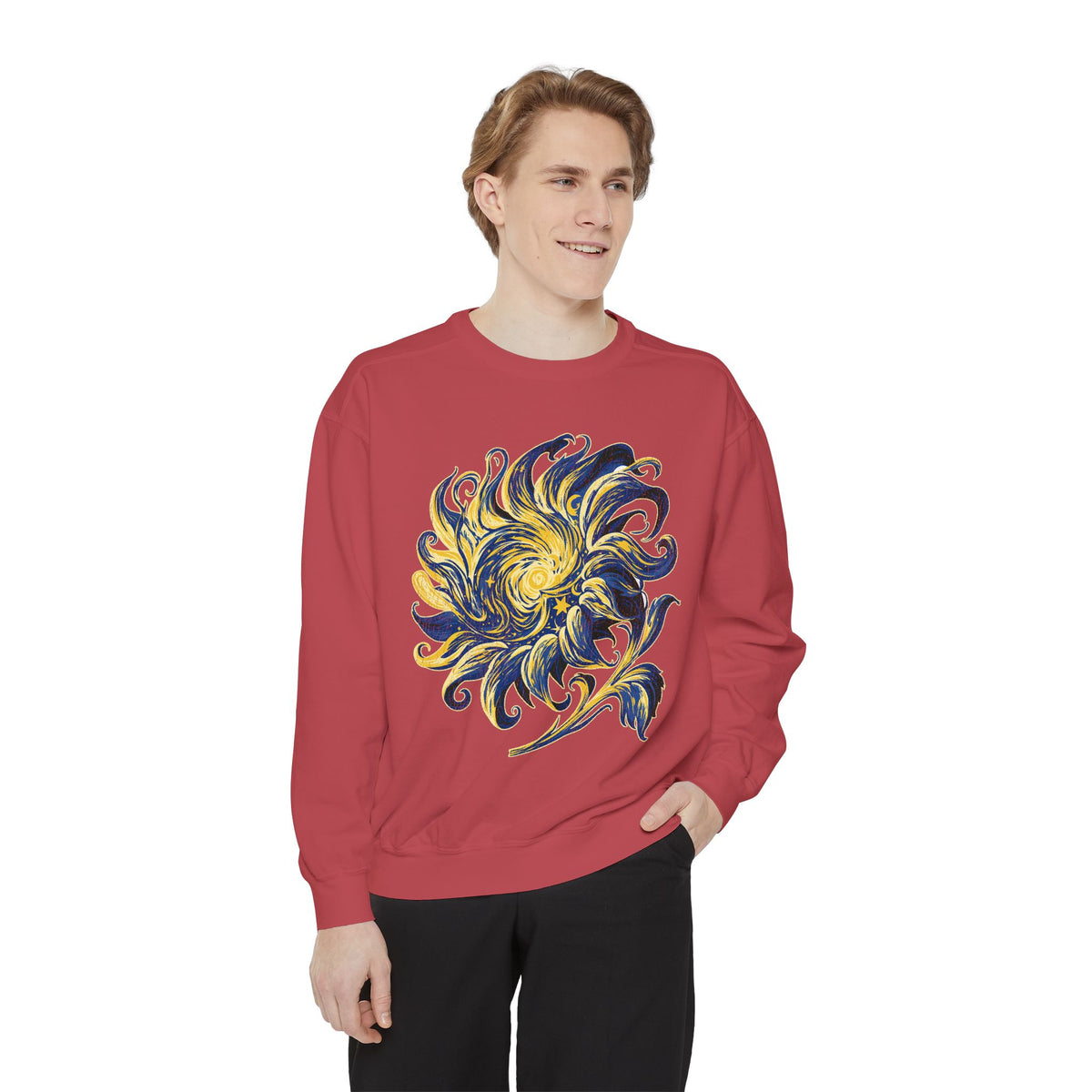 Celestial Sun Graphic Sweatshirt, Blue and Gold Cosmic Pullover, Mystical Night Sky Top, Astrology Gift for Stargazers and Dreamers