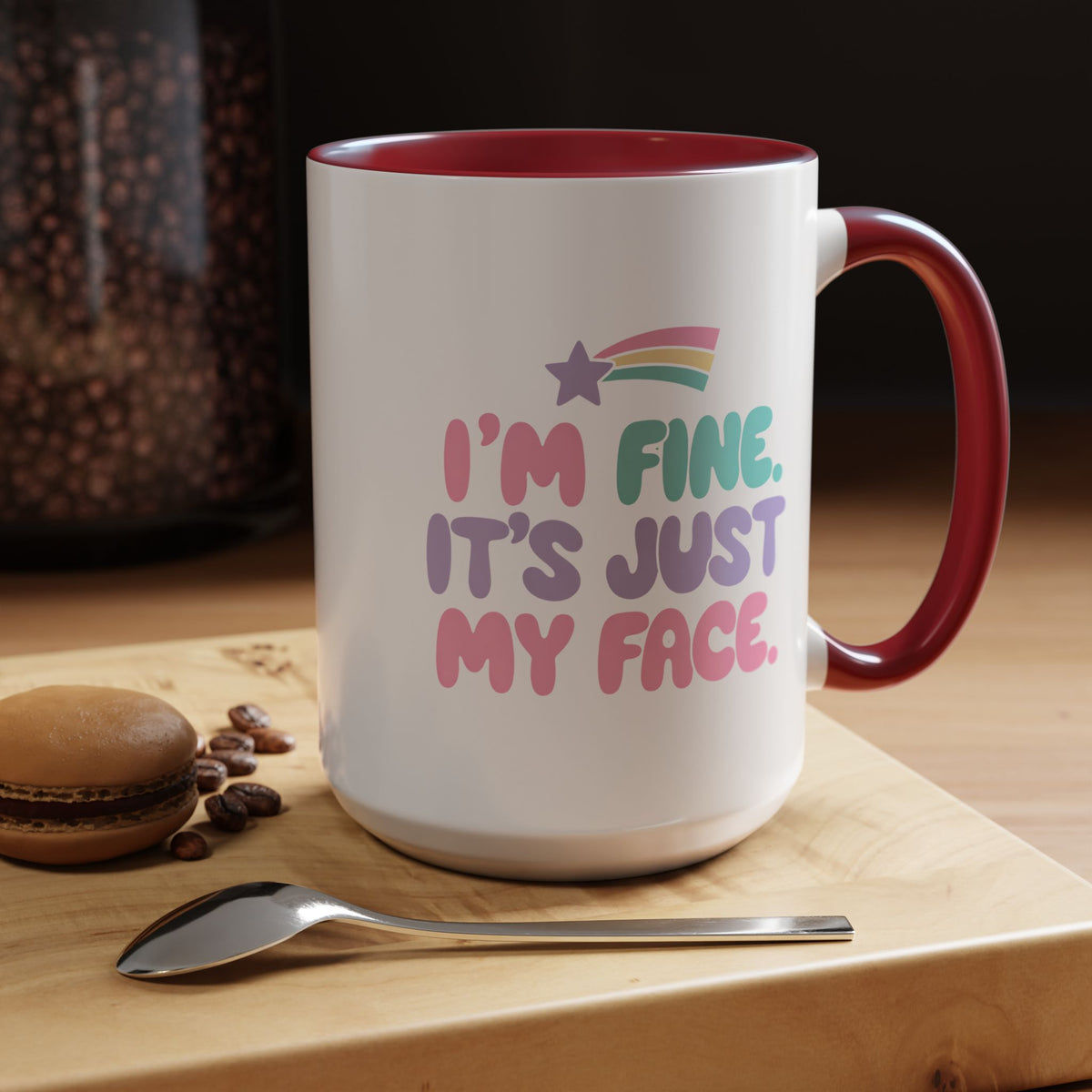 Funny Sarcastic Coffee Mug, I'm Fine It's Just My Face Pastel Quote, Sassy Birthday Gift for a Best Friend or Coworker's Office Coffee Break