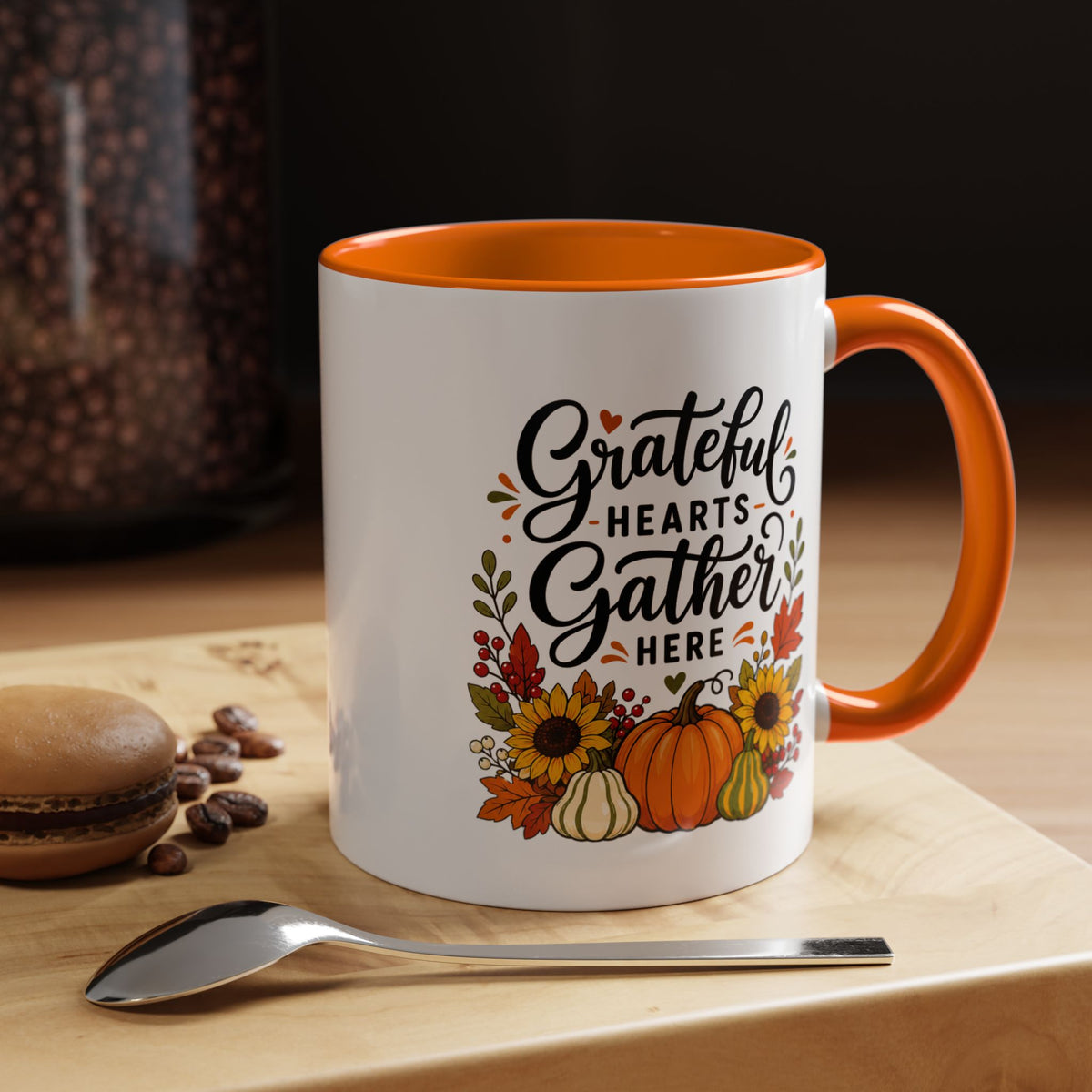 Grateful Hearts Gather Here Mug, Thanksgiving Pumpkin Coffee Cup, Rustic Fall Hostess Gift, Sunflower Harvest Kitchen Decor
