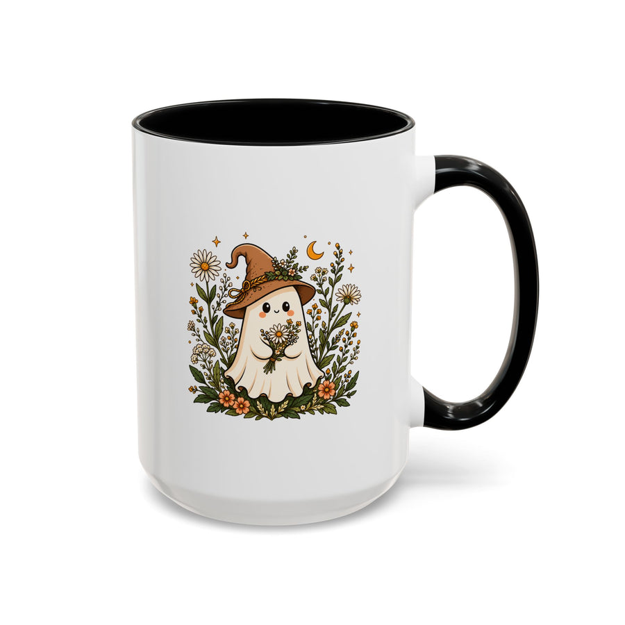 Cute Floral Ghost Halloween Mug, Witch Hat and Wildflower Black Accent Coffee Cup, Cute Cottagecore Spooky Gift for Her or Ghost Lover