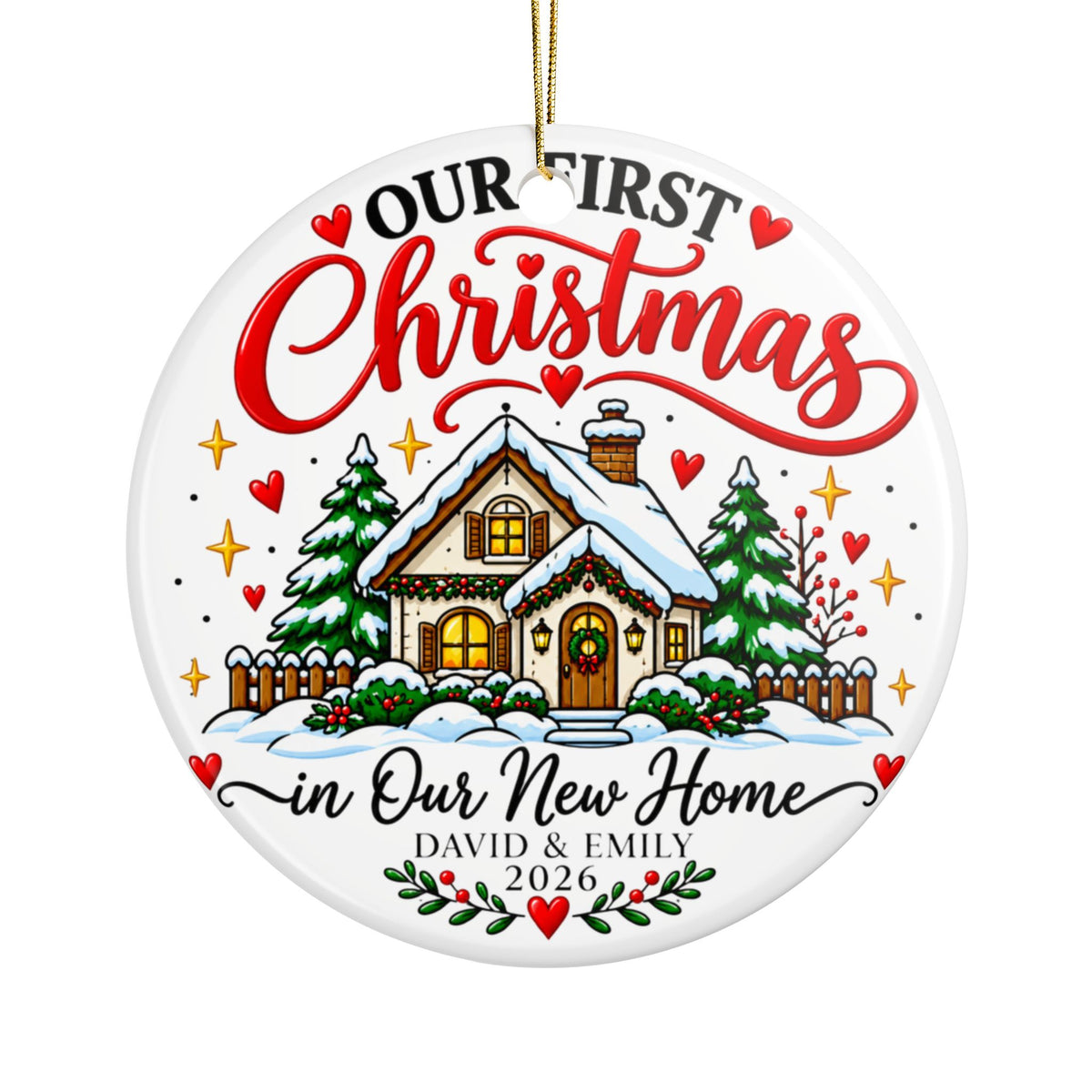 Personalized New Home Christmas Ornament, Our First Christmas Cottage with Names and Year, Housewarming Keepsake Gift for New Homeowners