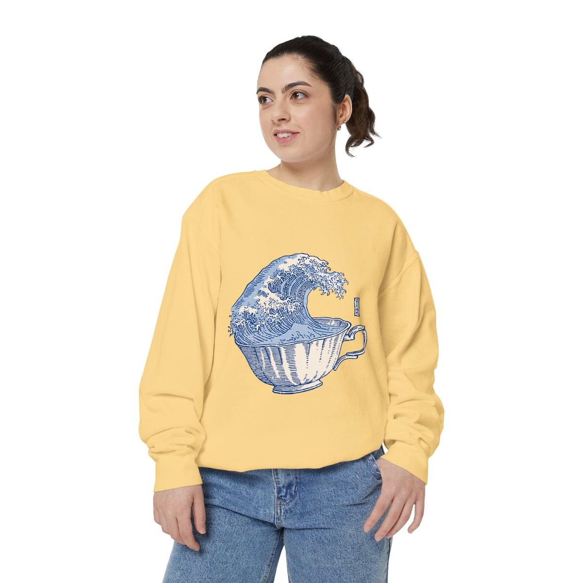 Great Wave Teacup Sweatshirt, Japanese Art Inspired Ocean Graphic, Gift for Tea Lovers and Coastal Art Fans, Casual Cafe Weekend Outfit