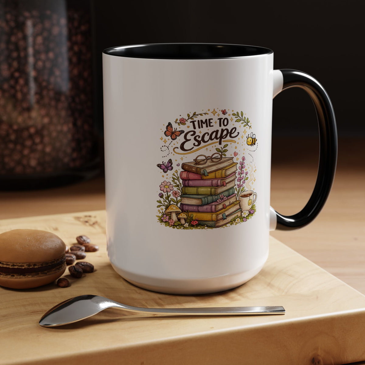 Book Lover Coffee Mug, Time to Escape Black Accent Cup with Books and Tea, Unique Cozy Gift for Reader, Librarian, Teacher or Bookworm