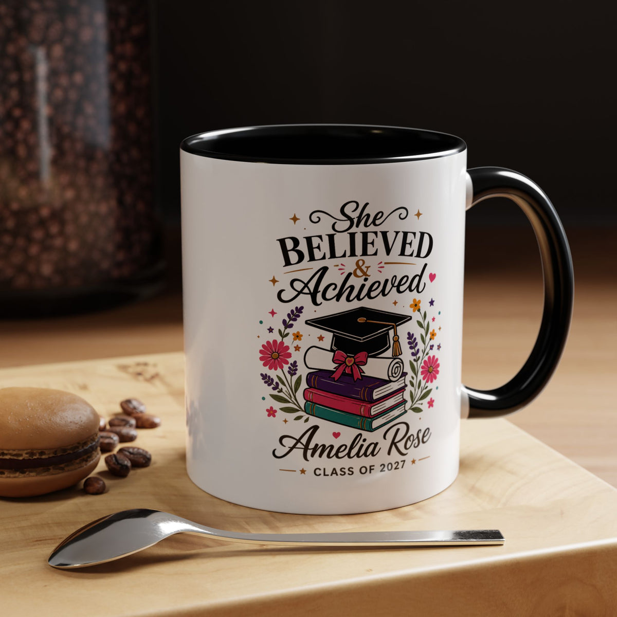 Personalized Graduation Mug for Her, She Believed and Achieved Coffee Cup, Custom Name Class of 2027 Gift, Floral Graduation Keepsake