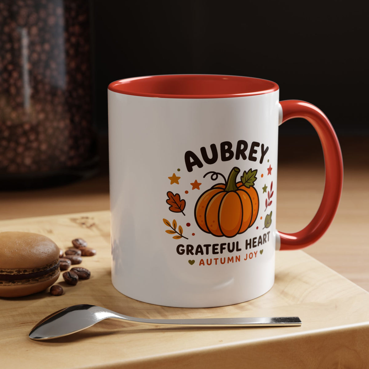 Personalized Pumpkin Name Mug, Custom Aubrey Fall Coffee Cup, Grateful Heart Autumn Gift for Her, Thanksgiving Birthday Keepsake Gift