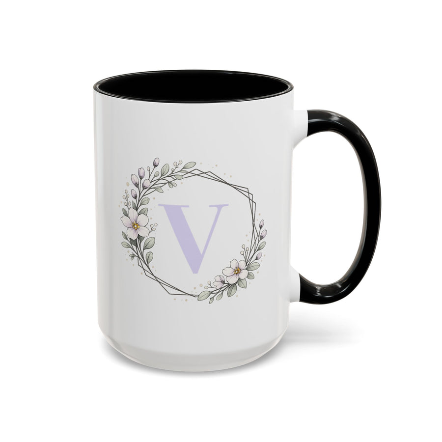 Letter V Monogram Mug, Floral Initial Coffee Mug for Women, Botanical Alphabet Cup, Minimalist Monogram Gift, Personalized Letter Mug