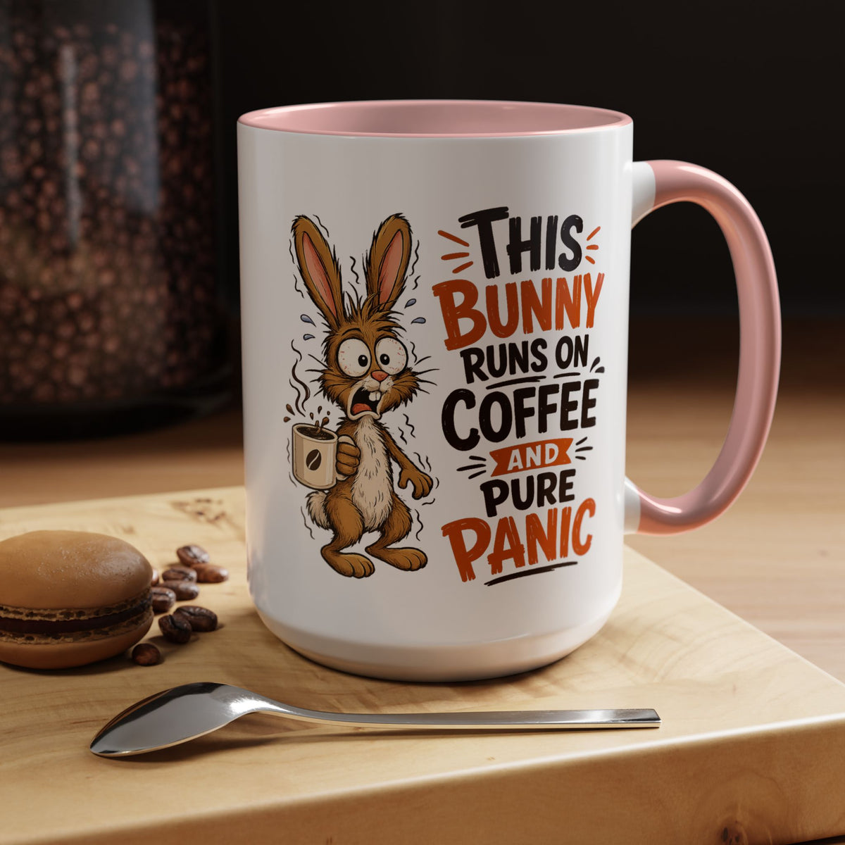 This Bunny Runs on Coffee and Pure Panic Coffee Mug, Funny Rabbit Lover Gift for Friends, Cute Sarcastic Ceramic Tea Cup with Black Handle