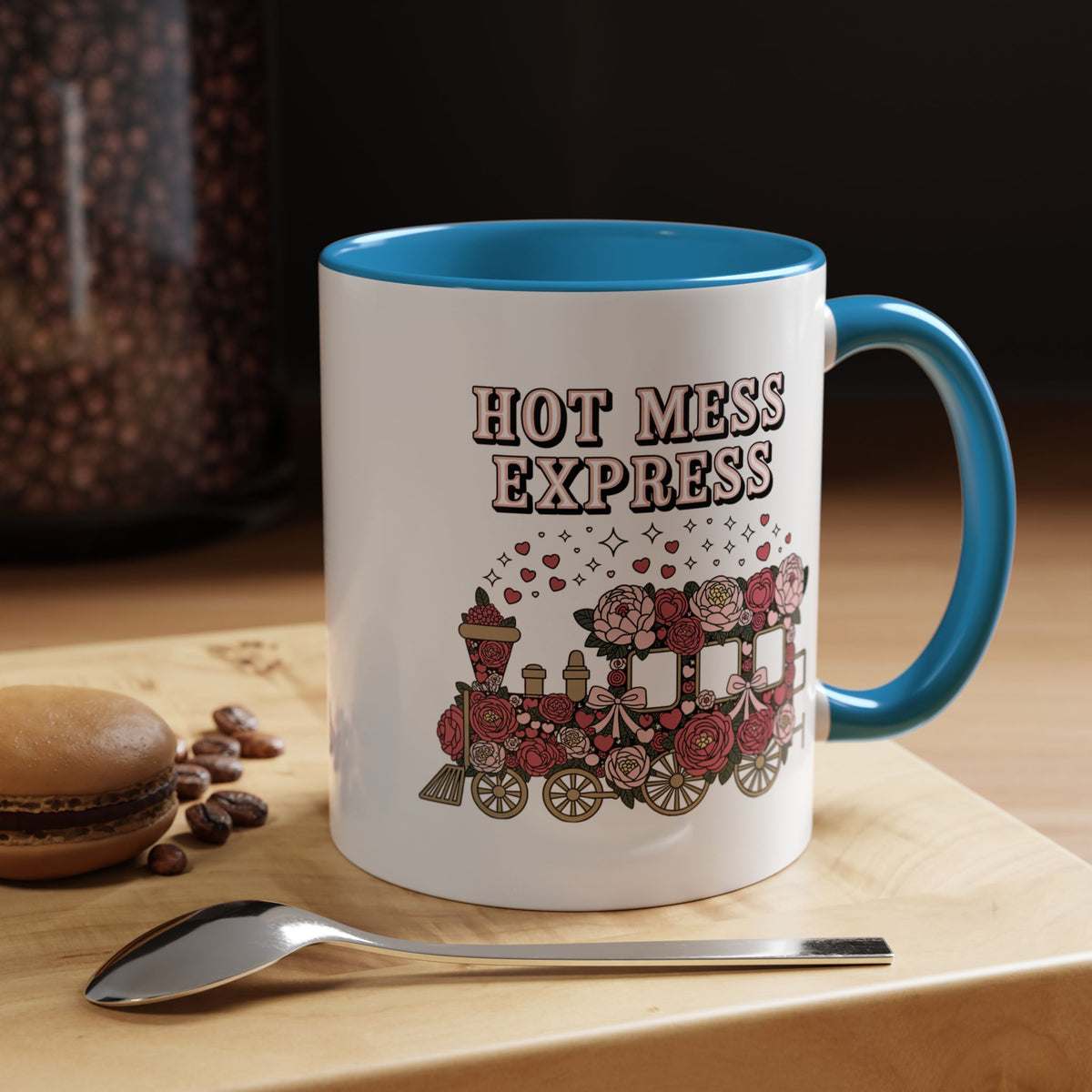 Hot Mess Express Coffee Mug, Pink Floral Train with Bows and Hearts, Funny Birthday Gift for a Busy Mom or Best Friend's Daily Coffee Break