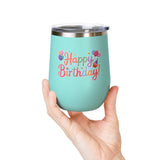 Happy Birthday Wine Tumbler, Pastel Balloons and Cupcake Design, Colorful Drinkware Gift for a Best Friend, Sister or Coworker Celebration