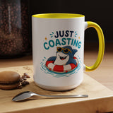 Funny Shark Coffee Mug, Just Coasting Shark Mug, Cute Beach Lover Coffee Cup, Relaxing Summer Vacation Gift for Shark Fans
