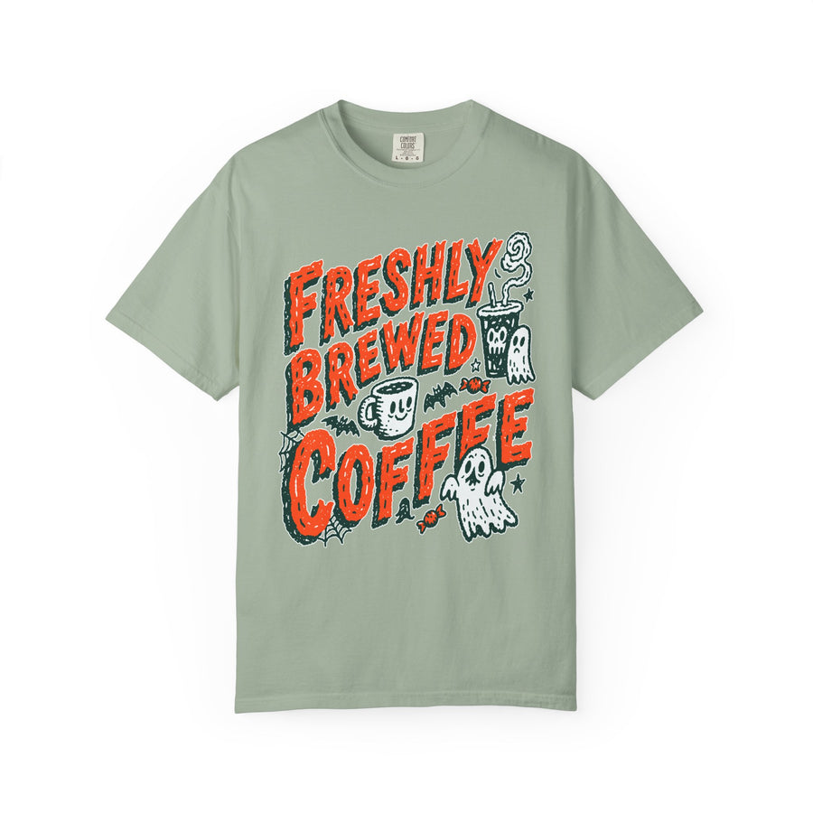 Coffee Lover Halloween Shirt, Freshly Brewed Coffee Ghost T-Shirt, Cute Spooky Season Gift for Barista and Caffeine Fan, Gift for Her