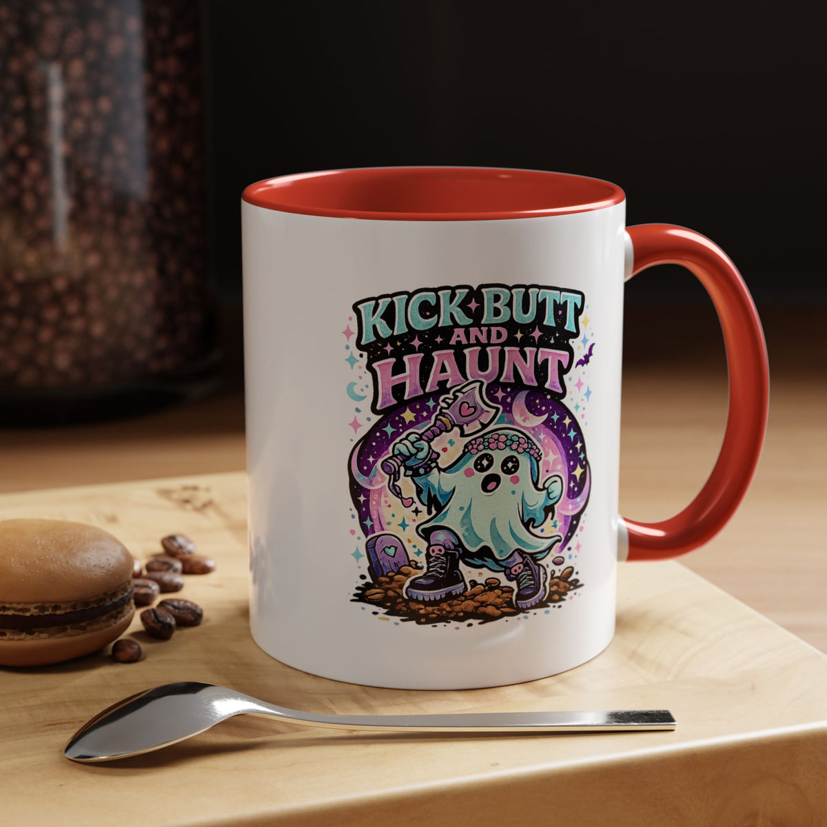 Kick Butt and Haunt Mug, Cute Pastel Ghost Black Accent Coffee Cup, Unique Funny Halloween Gift for Her, Spooky Bestie or Pastel Goth