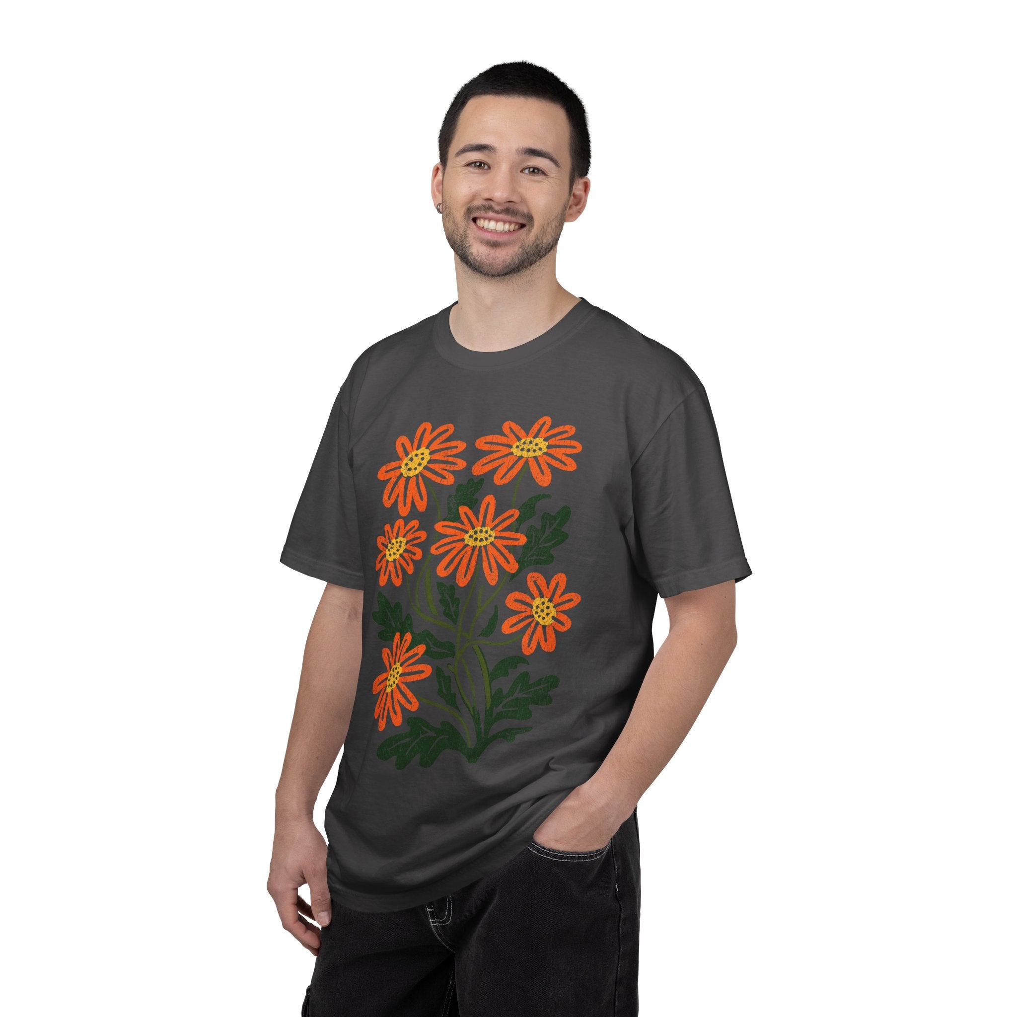 Orange Daisy Graphic Shirt, Retro Floral T-Shirt for Flower Lovers, Groovy Botanical Tee, Cheerful Garden Gift for Women and Gardeners