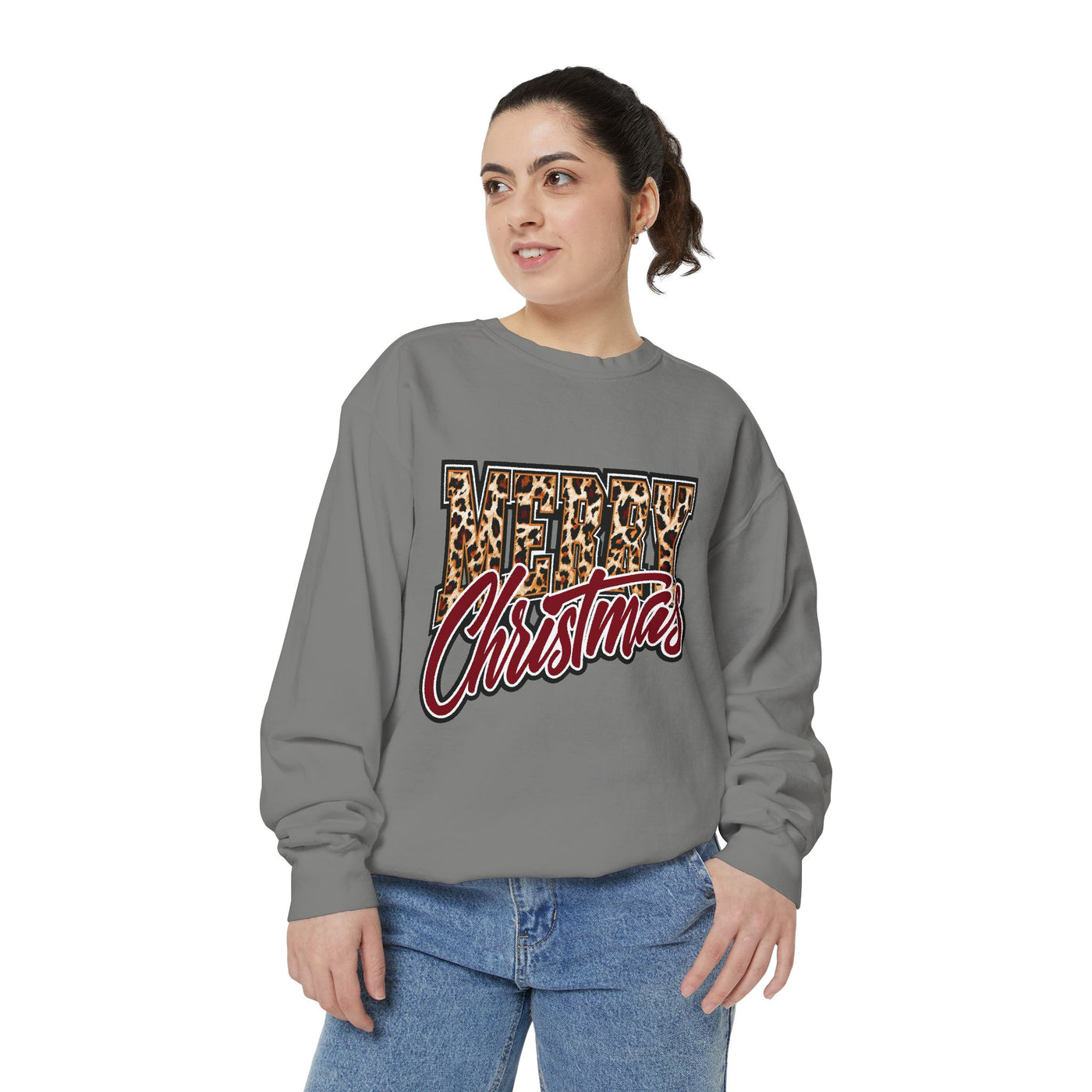 Merry Christmas Leopard Print Sweatshirt, Trendy Holiday Crewneck, Cheetah Lettering Pullover, Festive Gift for Women, Mom or Teacher