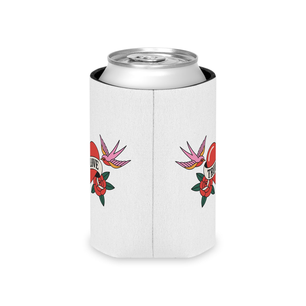True Love Can Cooler, Vintage Heart and Roses Drink Sleeve, Romantic Valentine's Day Gift, Retro Tattoo Style Gift for Couples