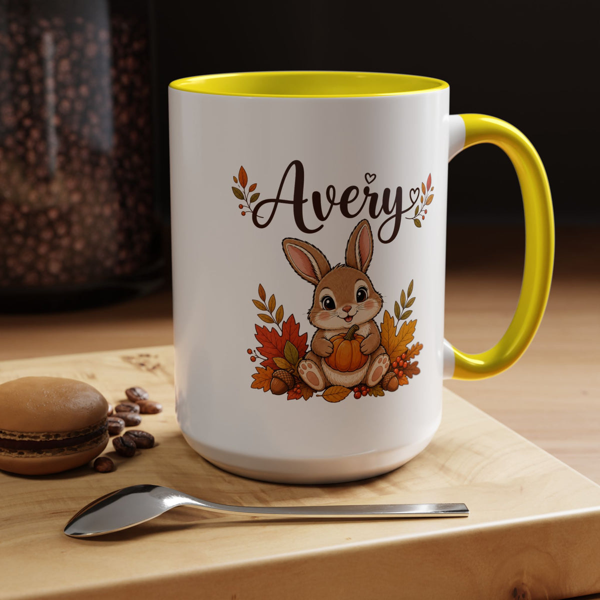 Personalized Bunny Mug with Name, Autumn Rabbit Coffee Cup, Cute Fall Woodland Gift for Daughter, Easter Basket or Birthday Keepsake