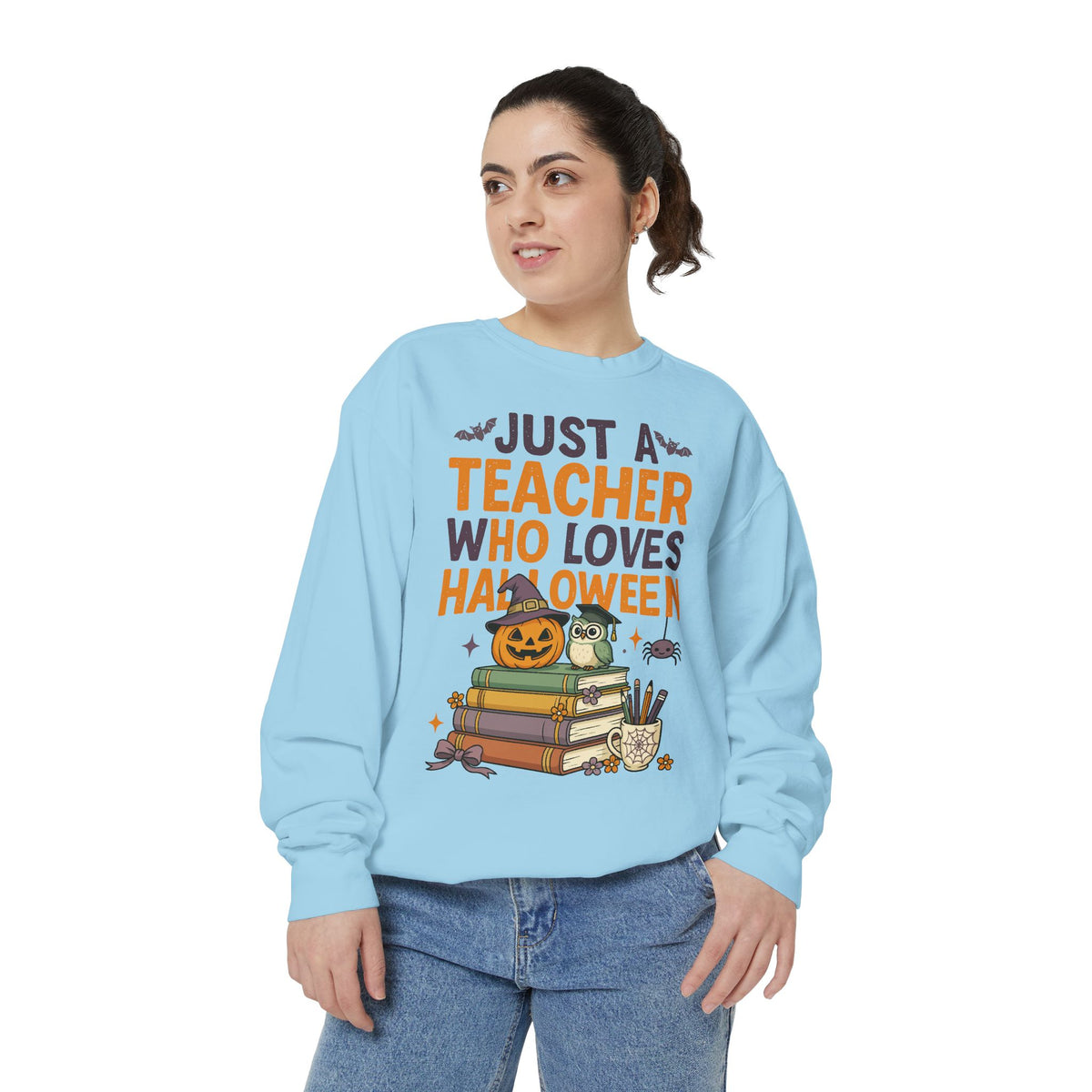 Teacher Halloween Sweatshirt, Just a Teacher Who Loves Halloween Crewneck, Spooky Classroom Shirt, Educator Gift, Cute Fall School Outfit