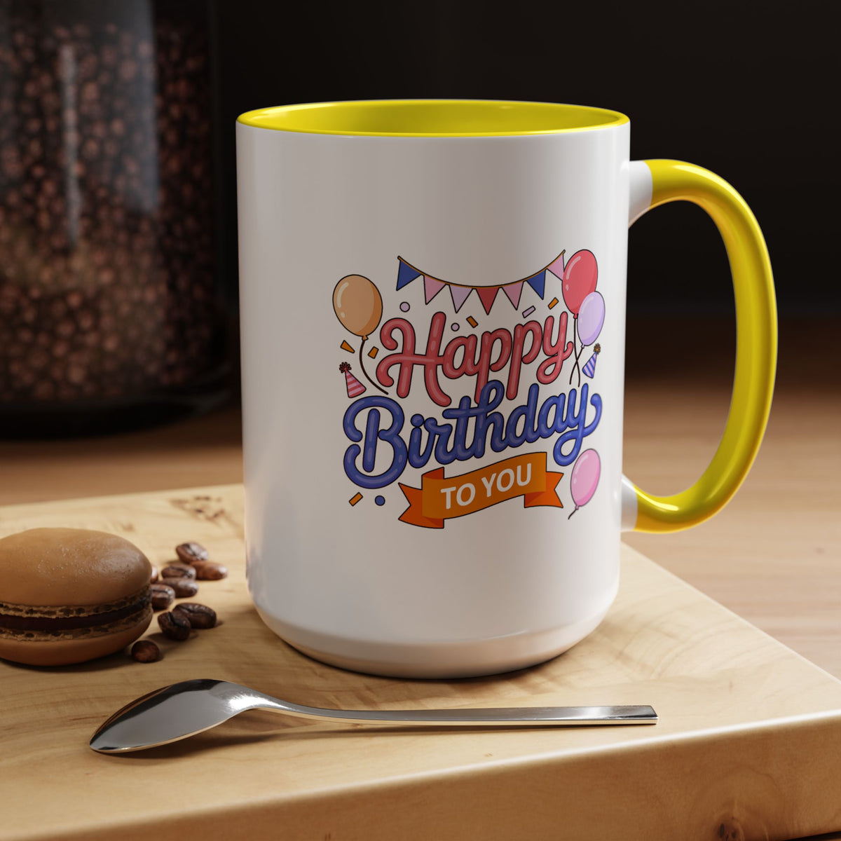 Happy Birthday to You Coffee Mug, Pink and Blue Balloons with Party Bunting, Cheerful Gift for a Sister or Best Friend's Daily Coffee Break