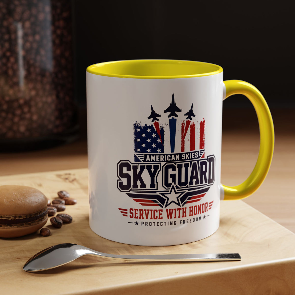 Military Aviation Coffee Mug, American Skies Skyguard Cup, Patriotic Fighter Jet Gift for Pilot, Veteran, Airman or Armed Forces Supporter