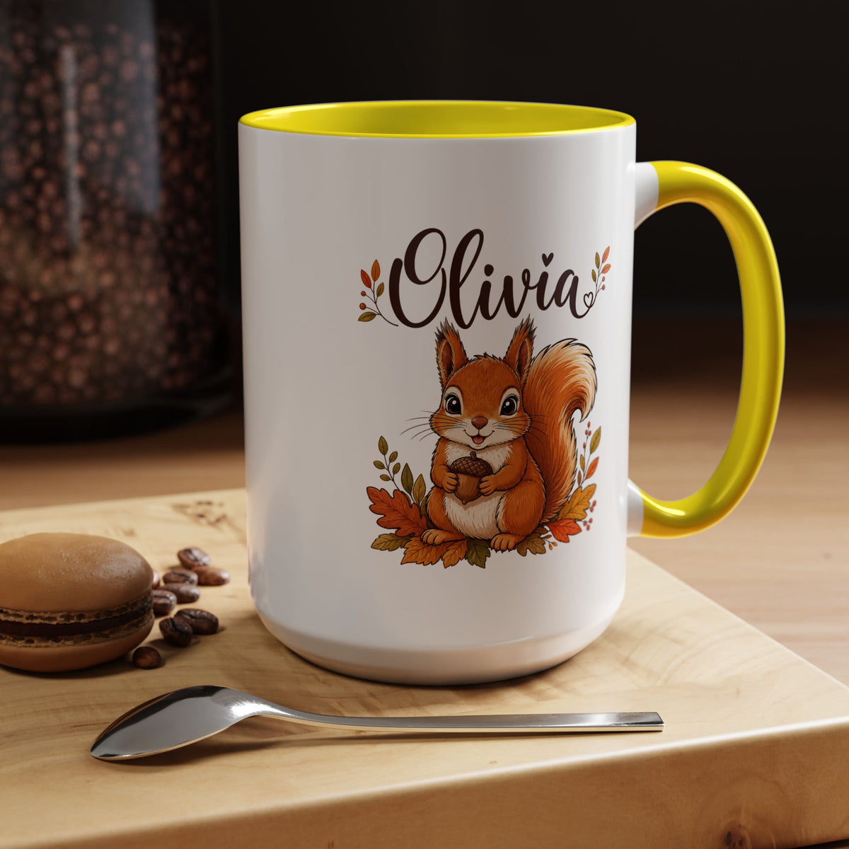 Personalized Squirrel Mug with Name, Autumn Woodland Coffee Cup, Cute Fall Animal Gift for Daughter, Nature Lover Birthday Keepsake