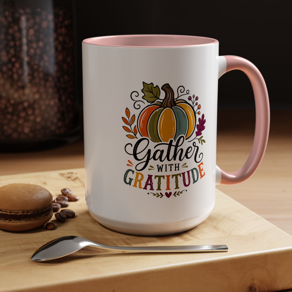 Gather With Gratitude Mug, Colorful Pumpkin Thanksgiving Coffee Cup, Cozy Fall Hostess Gift, Autumn Kitchen and Harvest Decor