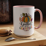 Gather With Gratitude Mug, Colorful Pumpkin Thanksgiving Coffee Cup, Cozy Fall Hostess Gift, Autumn Kitchen and Harvest Decor