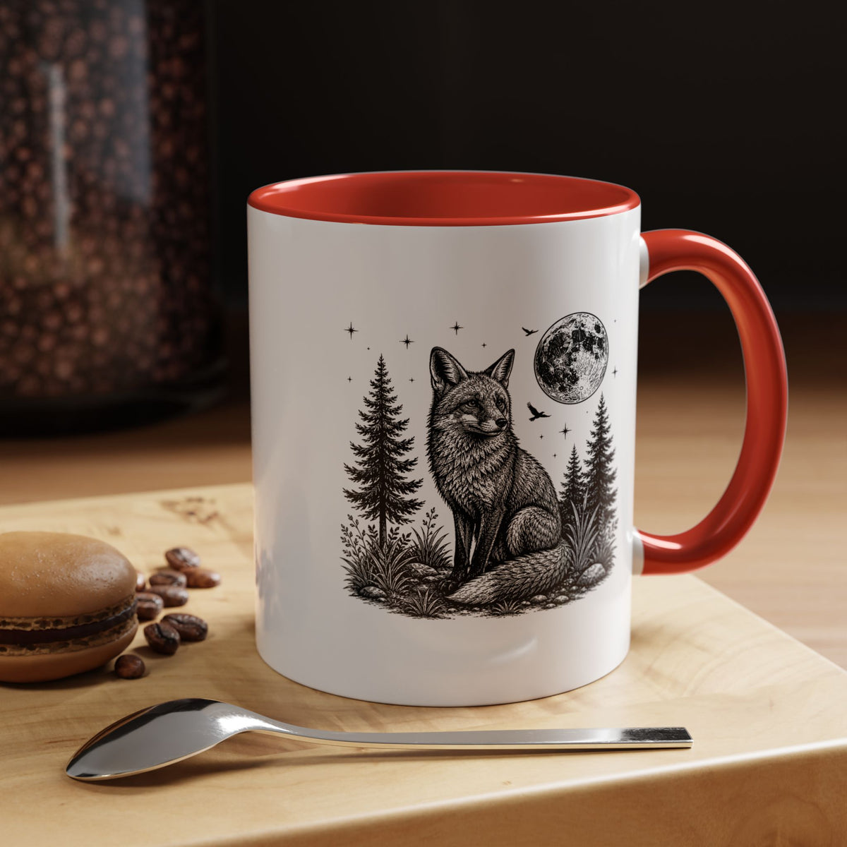 Fox Moon Mug, Black and White Woodland Coffee Cup, Celestial Forest Animal Gift for Fox Lover, Rustic Cabin Decor, Nature Birthday Present
