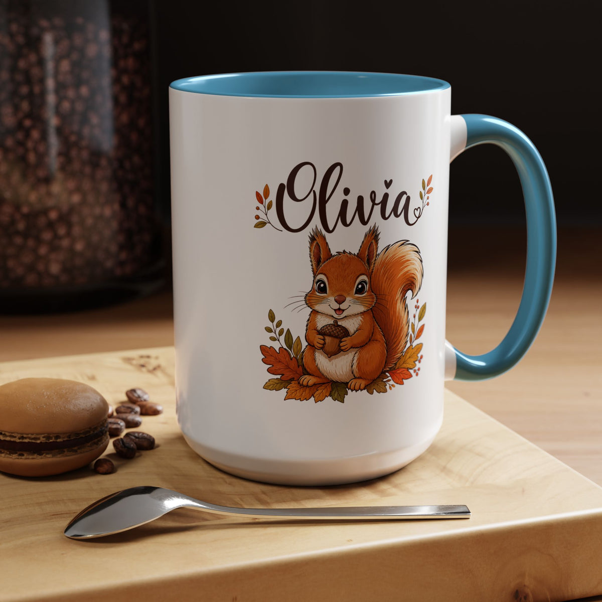 Personalized Squirrel Mug with Name, Autumn Woodland Coffee Cup, Cute Fall Animal Gift for Daughter, Nature Lover Birthday Keepsake